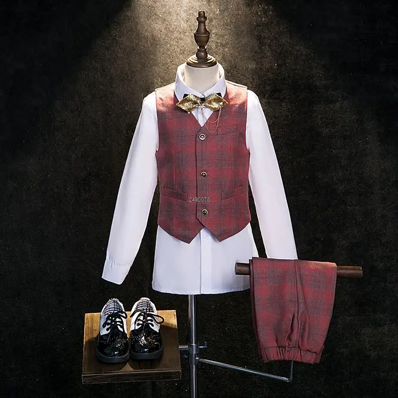 Gentle Kids Plaid Jakcet Vest Pants Photograph Dress Boys Luxurious Handsome Wedding Suit Children Teenagers Stage Show Costume