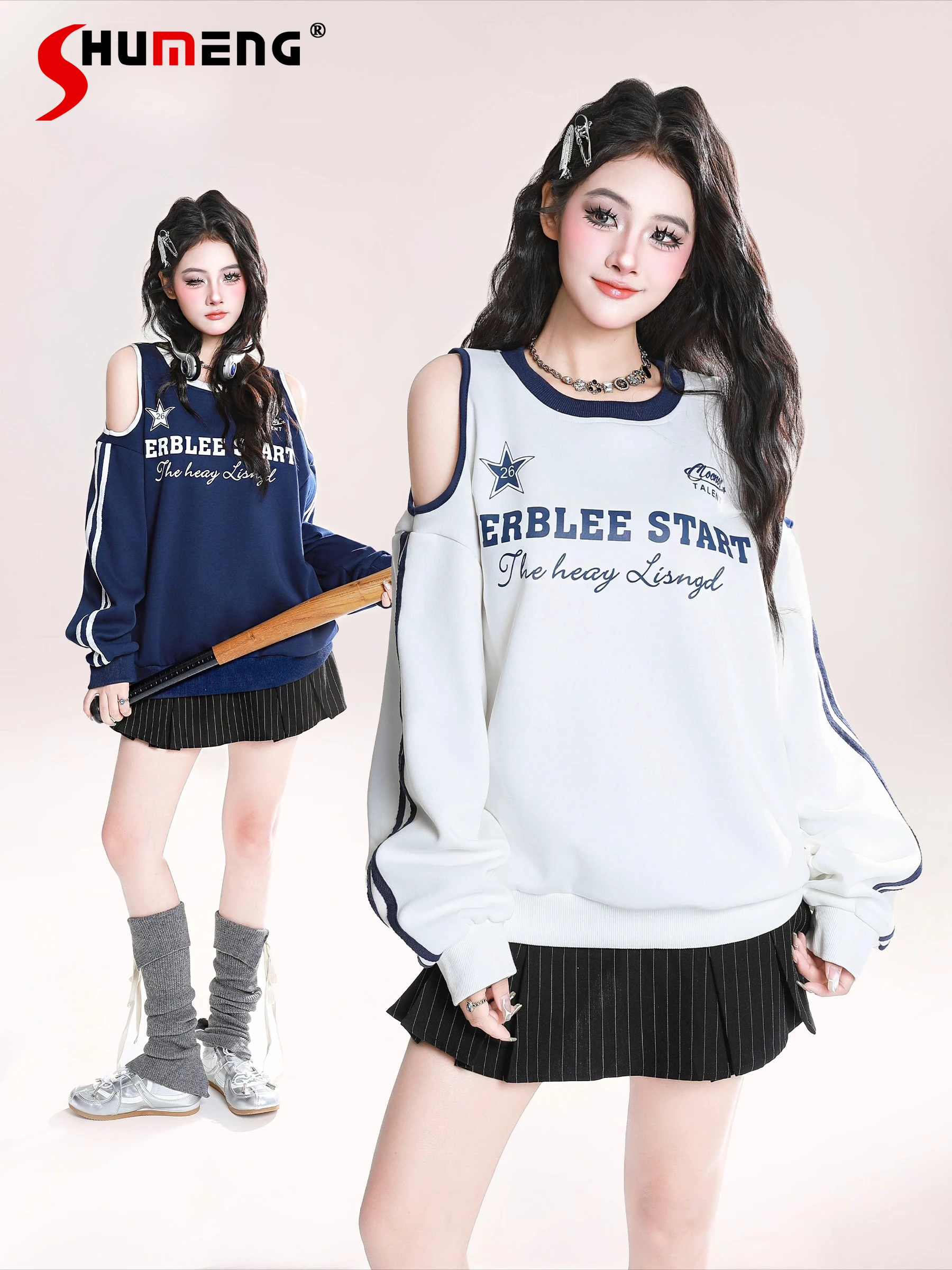 

Американский стиль, модный ретро-принт с буквенным принтом, милые топы Y2K для девочек, свободный повседневный свитшот с открытыми плечами и длинными рукавами, женская осень