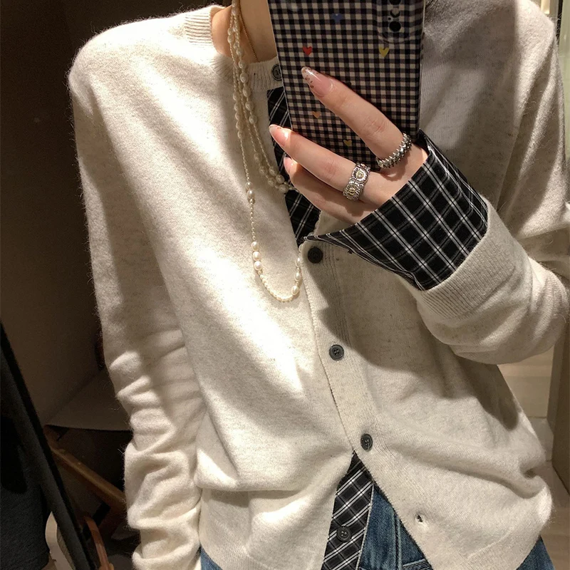 Cardigan coréen deux fausses pièces pour femme, Plaid, mélange de couleurs, tricoté, simple boutonnage, col rond, manteaux pour dame, printemps automne