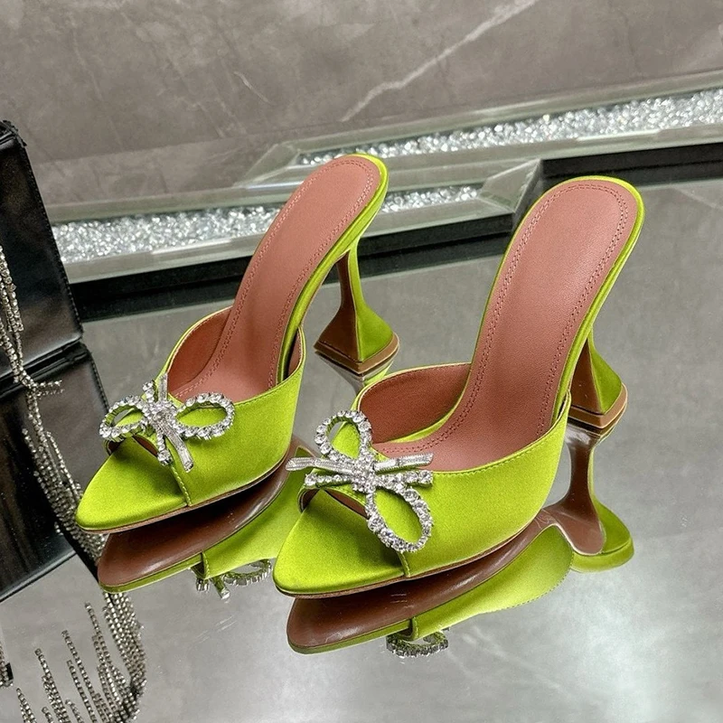 

New Women Satin Rhinestone Bow-Knot Decor Slippers Pointed Toe Peep Toe Goblet Heel Sandals Summer Sexy Dress Shoes Pumps