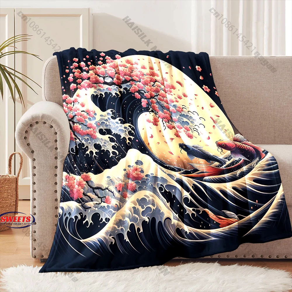 

"Elegant Koi and Sakura Blanket" Multiple sizes kid's and adults' bedroom living room sofa decor blanket, Exquisite gift