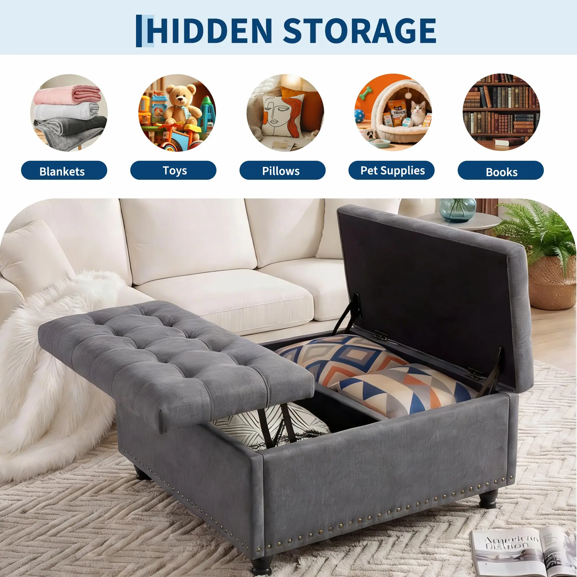 36 Inch Square Lift Top Storage Ottoman, Upholstered Ottoman Bench with 169L Large Hidden Storage Space, Tufted Padded Seat with Wood Legs, Multi-Functional Footrest Coffee Table or Extra Seating, 300 image 4