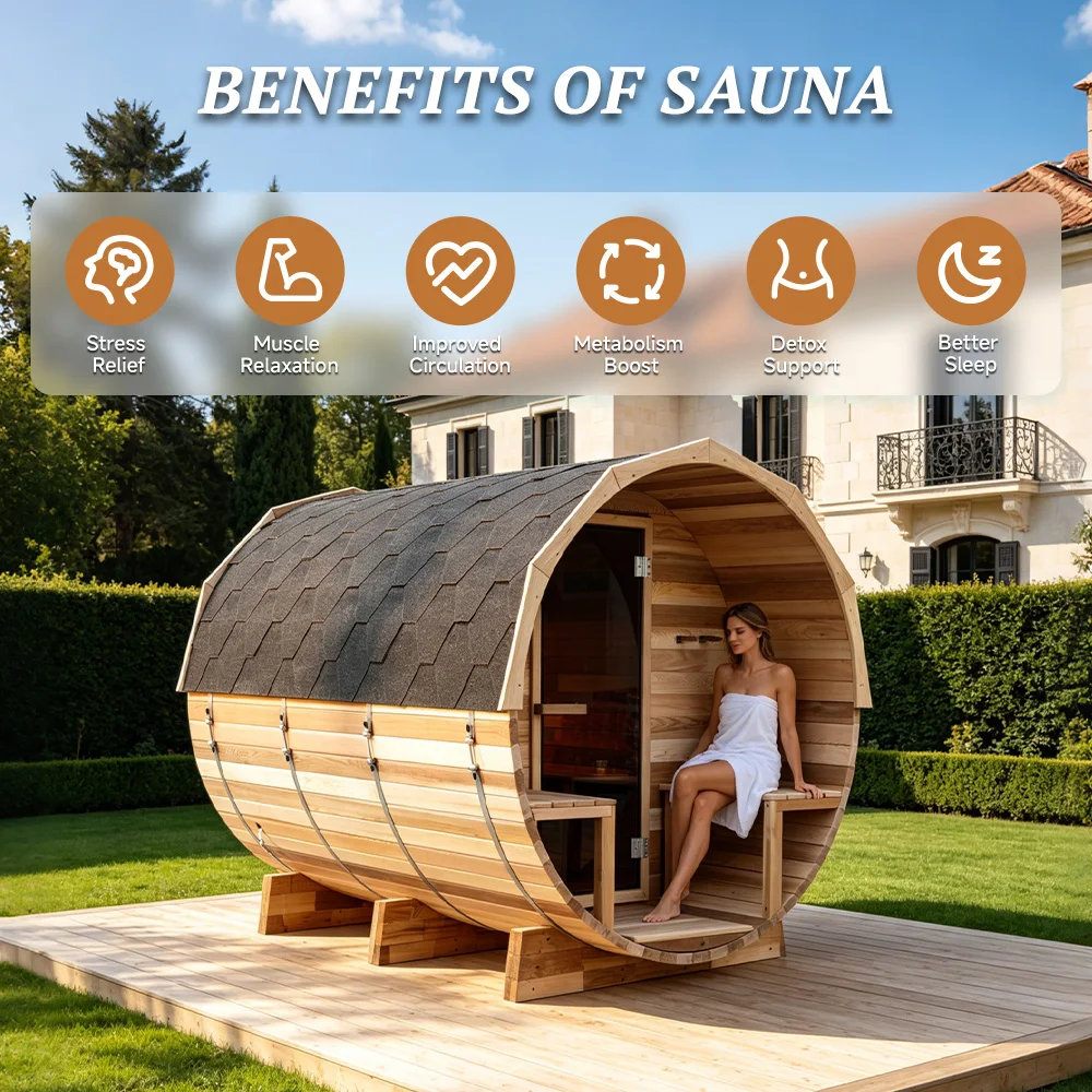 Red Cedar Barrel Sauna Insulated Outdoor Porch Rear Panoramic Glass ETL WiFi Europe Customize
