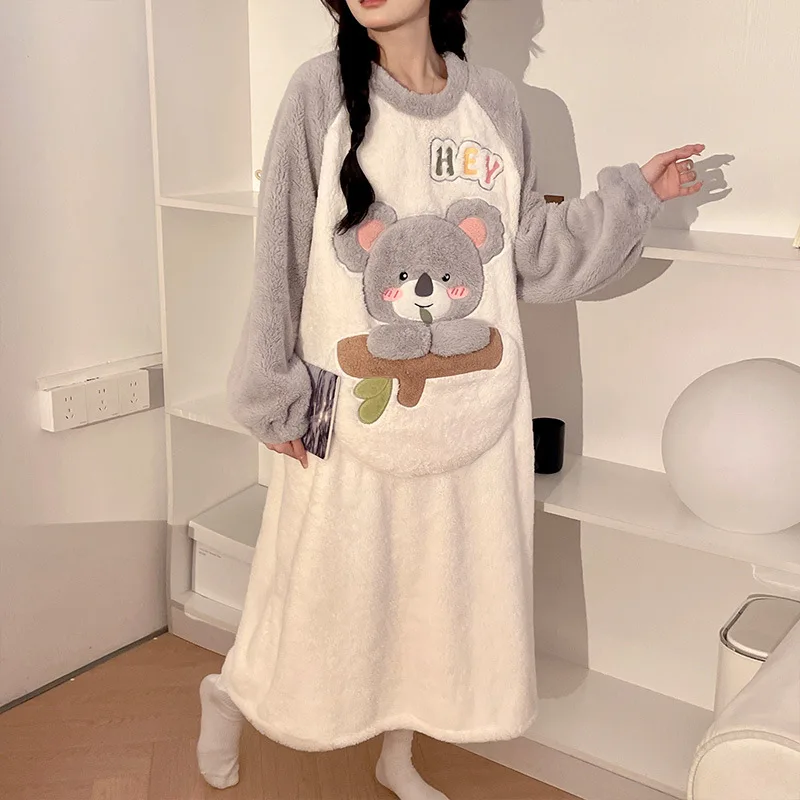 100 кг, зимняя ночная рубашка большого размера, женский фланелевой халат с героями мультфильмов, домашняя одежда, длинная пижама с длинными рукавами, плотная домашняя одежда из кораллового флиса