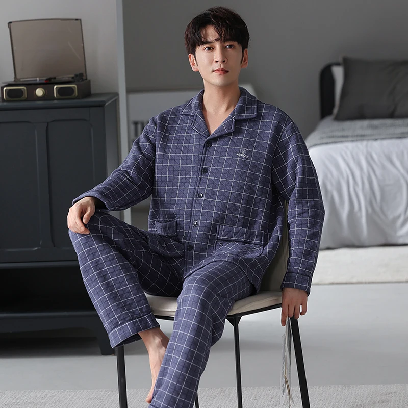 Newest 3XL-6XL Men Turn-down Collar Pajamas Set Winter Thick Warm Air Clip Cotton Pyjamas