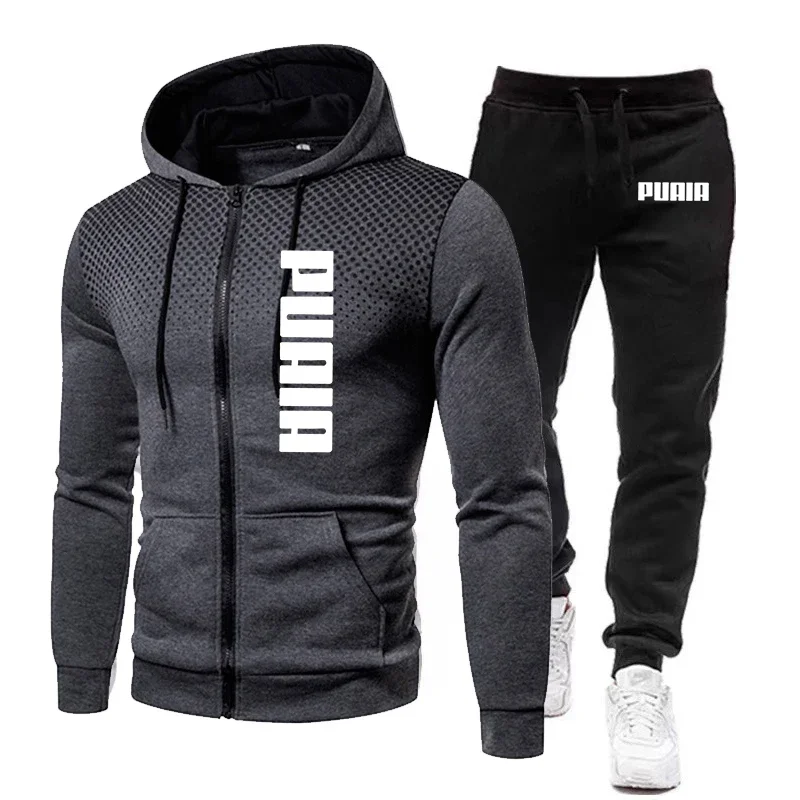 Fashion Print Tracksuit for Men Zipper Hooded Sweatshirt and Sweatpants Two Pieces Suits Male Casual Fitness Jogging Sports Sets