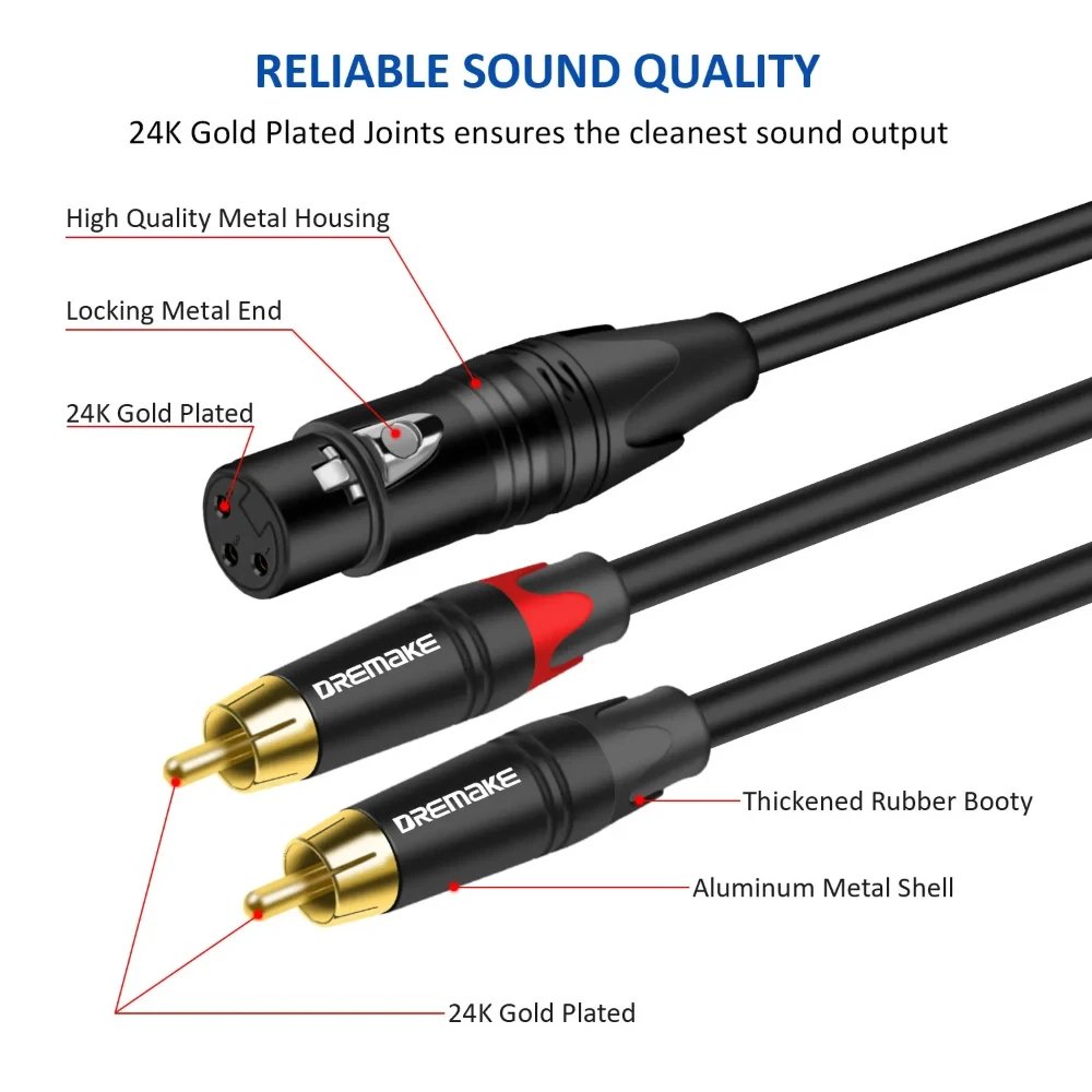 2RCA Male to XLR Female Audio Unbalanced Cable XLR 3-Pin to Double RCA Plug Y-Cable Patch Cord Adapter Microphone Cord for Mixer