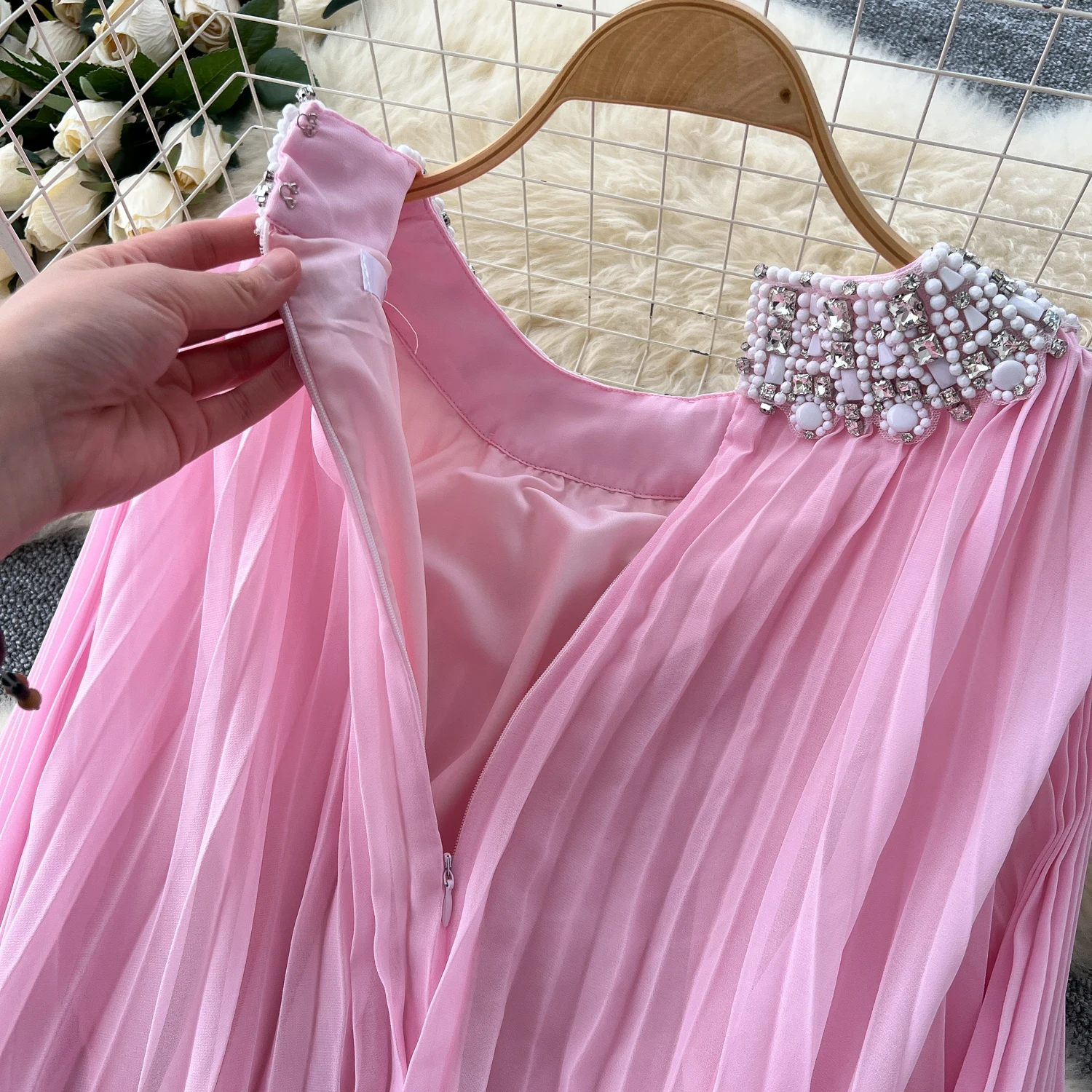 Chic vintage long sleeve rhinestone O-neck mesh Elegant Fairy korean fashion Boho women clothing dress