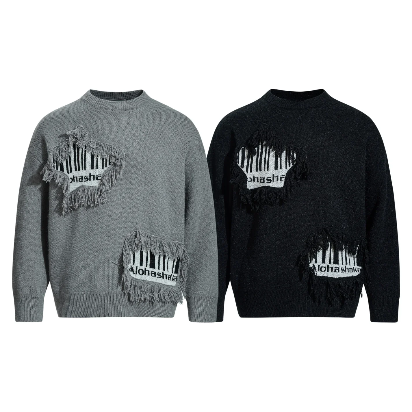 

Y2K OMirad Fringed Patchwork Knit Sweater Vintage Barcode Pattern Embroidered Rag Sweater Trendy Gray Men Women Casual Pullover