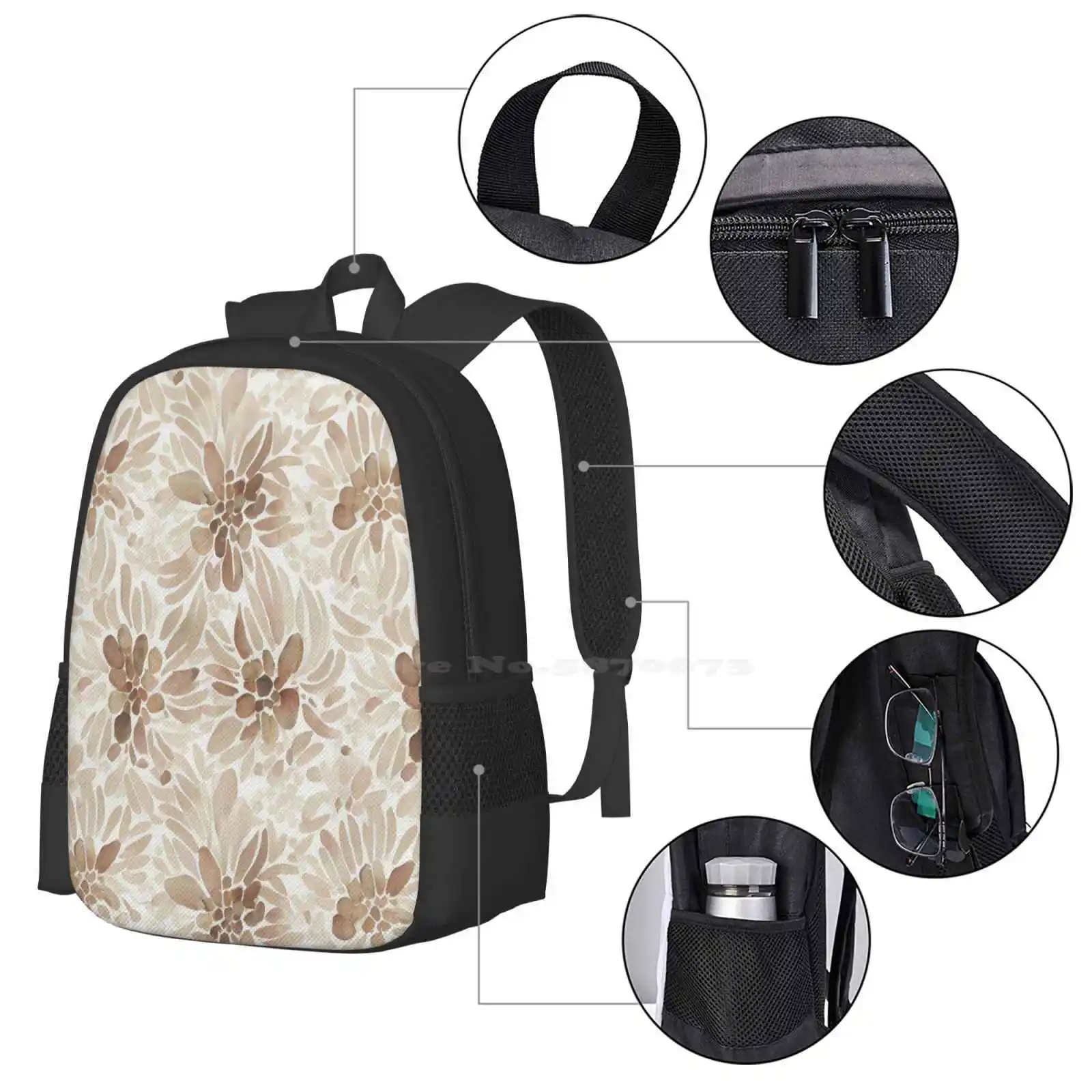 Braunes monochromes abstraktes Blumenmuster auf weißen Schult aschen reisen Laptop-Rucksack romantisches Muster Blumenmuster girly