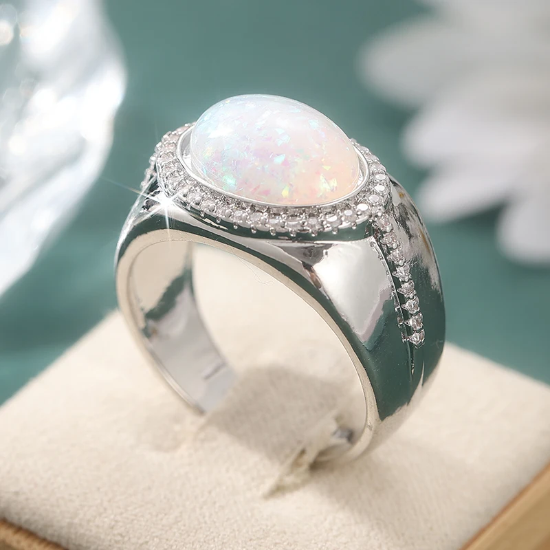Ästhetischer Eingelegter Imitations-Opal Weißer CZ Damenring Silberfarben Geometrisch Tägliches Tragen Party-Schmuck Jubiläumsgeschenk – Detail 4