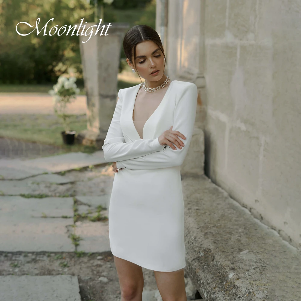 Classic V-Neck Pleat Short Sheath Wedding Dresses Women 2026 Long Sleeves Open Back Bridal Gown Vestidos De Novia Customized