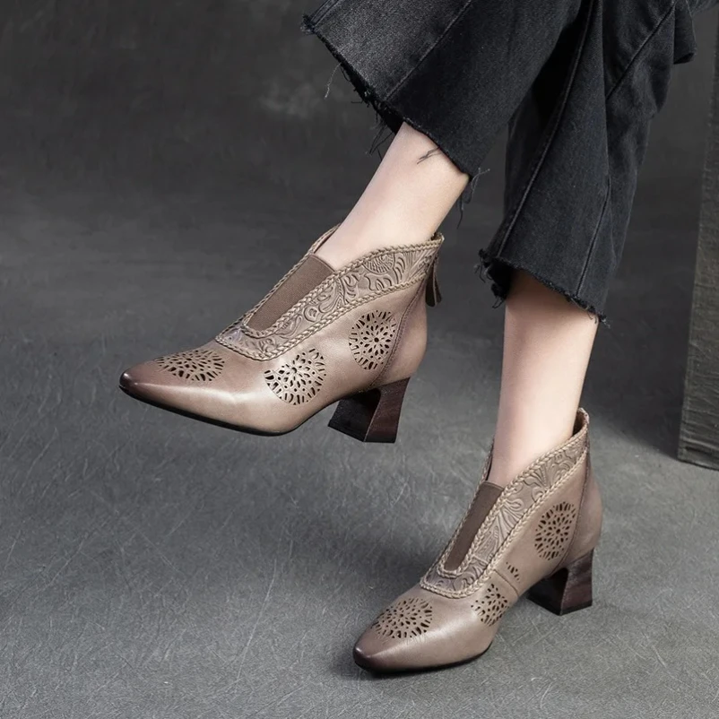 

Женские летние ботинки на среднем каблуке 2025 года, на молнии сзади, из натуральной кожи, Botas, брендовая дизайнерская женская обувь, ботильоны