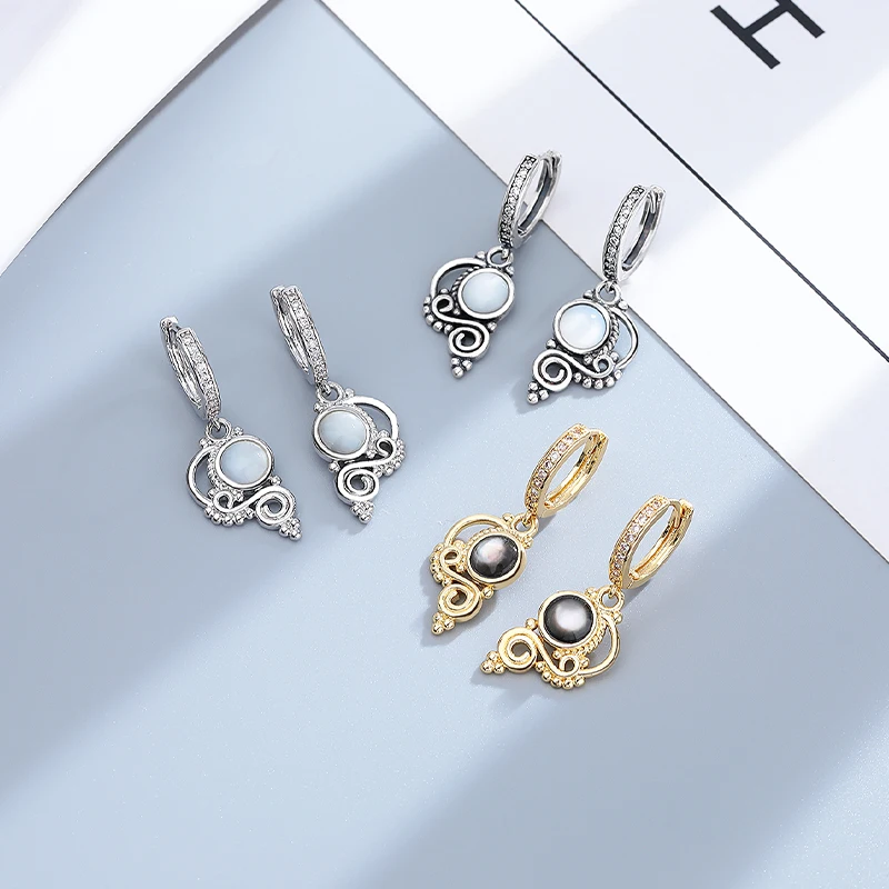 

Vintage Silver Earrings for Women Natural Shell Stone Drop Inspired Dangle 6mm White Black Jewelry Party Gift Wholesale