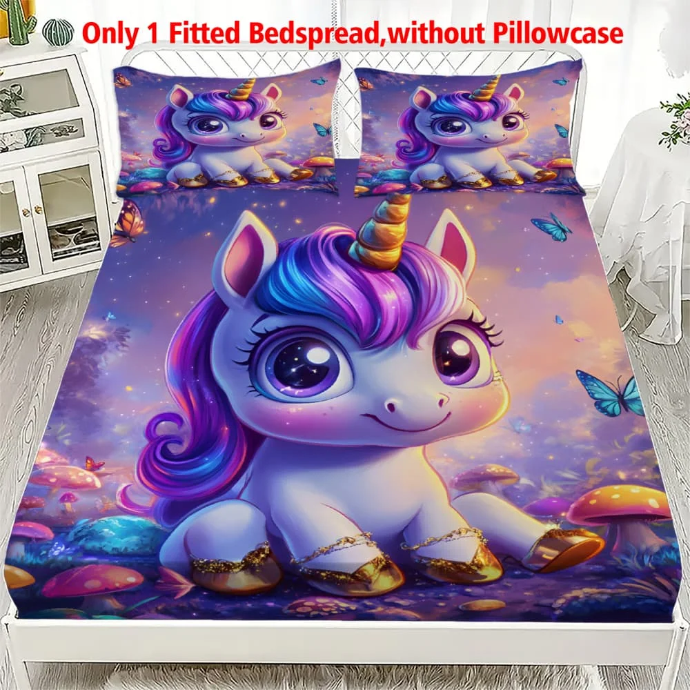 Enchanted Forest Unicorn & Mushroom Print Fitted Sheet Deep Pocket Elastic Mattress Cover Single Double Queen King Bedroom Decor