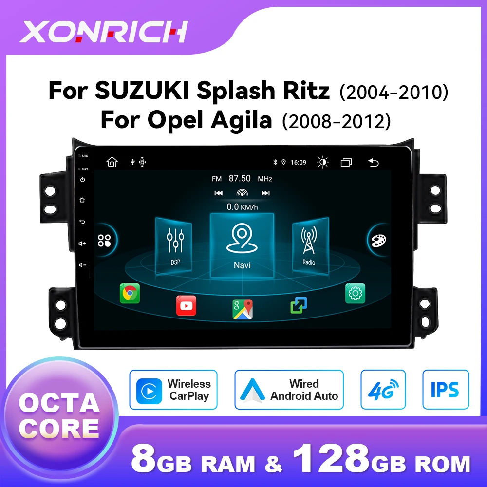 Autoradio sans fil CarPlay pour SUZUKI Splash Ritz 2004-2010 pour Opel Agila 2008-2012 Android 1280*720 écran IPS GPS 4G Wifi DSP