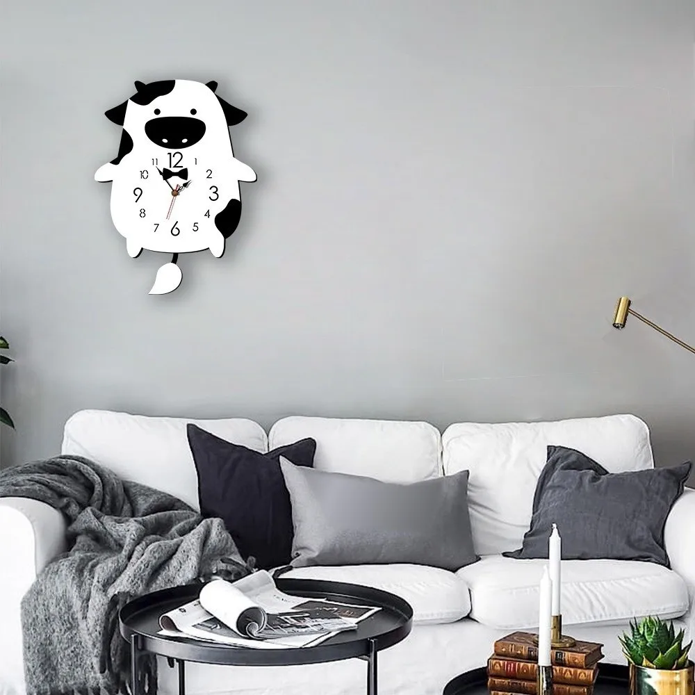 Cartoon Cow Acrylic Wall Clock Silent Movement Swing Tail Pendulum Cartoon Cow Clock 10.24X14.57in Non-Ticking Design