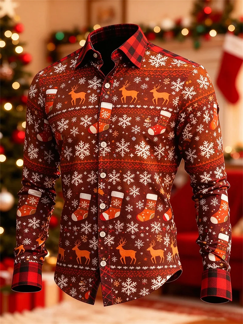 New men's wine red Christmas long sleeved shirt, reindeer Christmas socks, snowflake print red Haig collar shirt