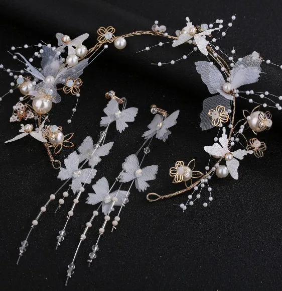 Handmade Hair Accessories For Bride Delicate Crystal bead Flower Hair Combs Metal Tiaras Women Party Hair Jewelry with earrings