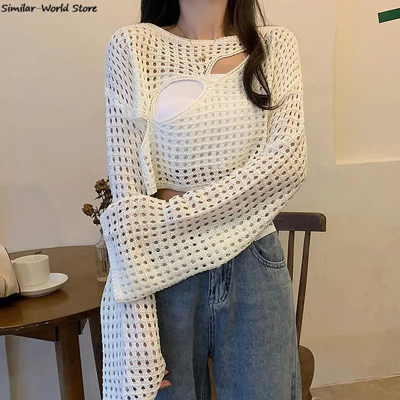 Women Casual Sweater Pullovers Summer Fashion Loose Long Sleeve Hollow Out Knit Smock