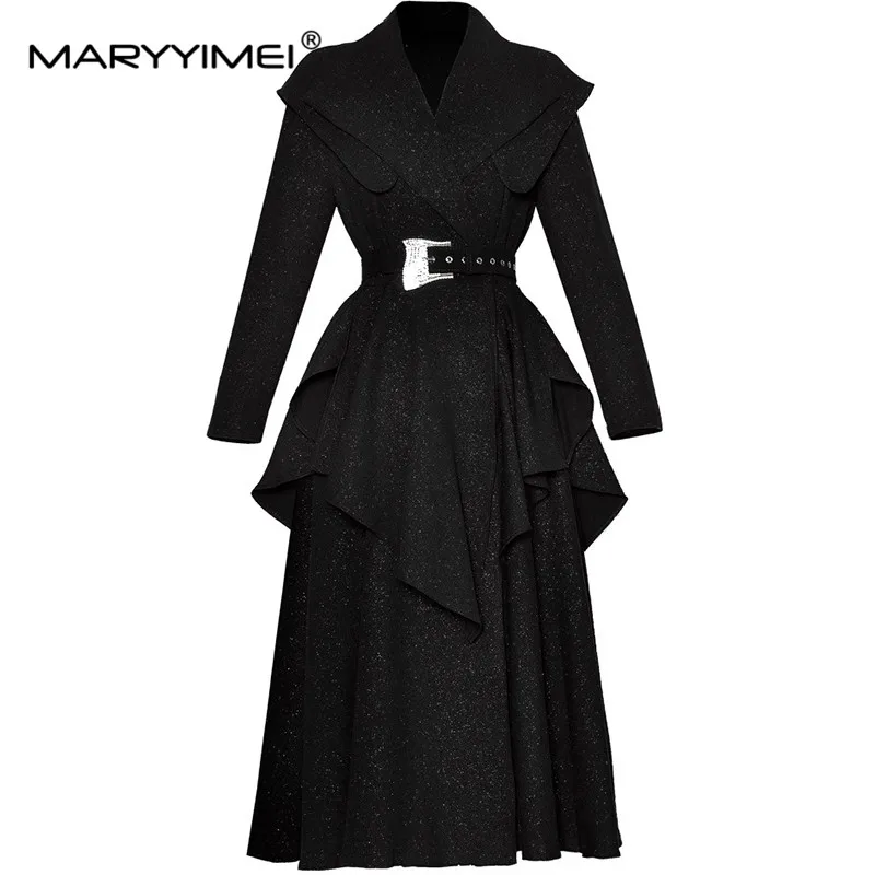 MARYYIMEI Autumn and Winter Women\'s Dress Turn-Down Collar Long-Sleeved Flounced Edge Splicing Dresses With Belt