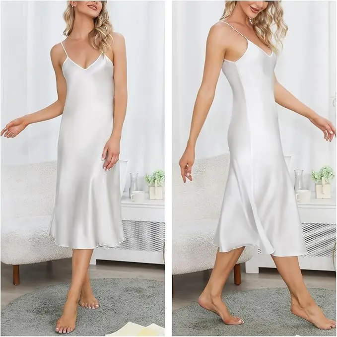 Camisón de Mujer con Tirantes Finos y Cuello en V, Elegante, Lujoso, Cómodo, Transpirable, Ropa de Dormir Relajante, Estilo Clásico para el Día a Día