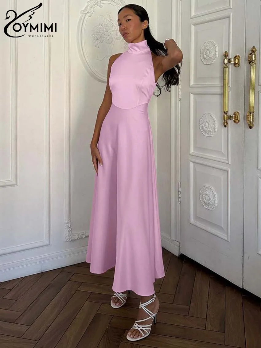 

Oymimi Fashion Pink Turtleneck Women's Dress Elegant Sleeveless Solid Dresses Autumn High Waist Pleated Ankle-Length Dresses