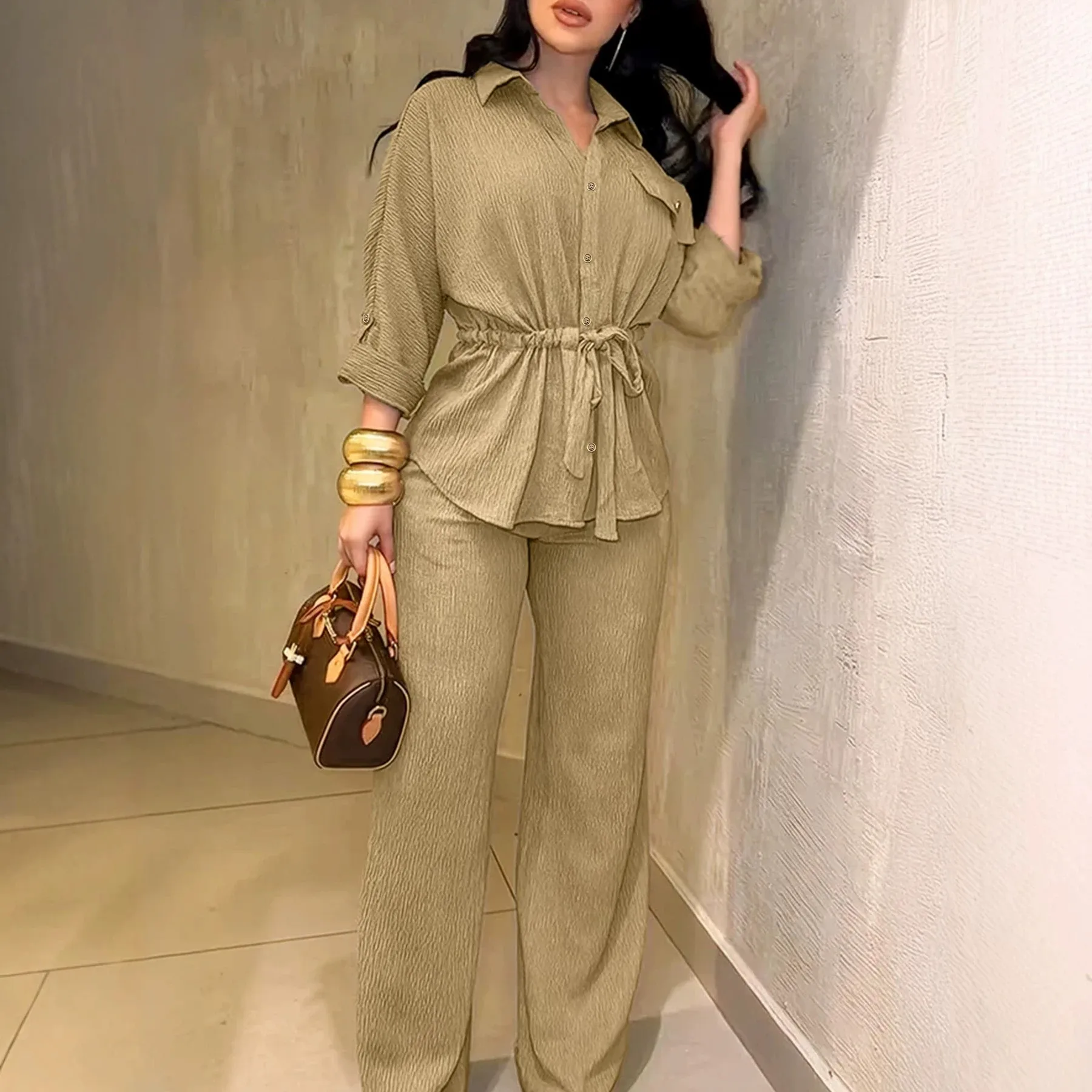 Roll Up Sleeve Lapel Set Full Length Elegant Commuter Style with Button Front Shirt Top Pocket Autumn Patchwork Women Winter Set