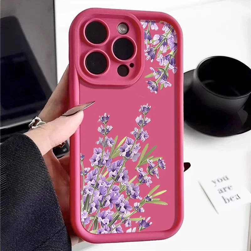 ラベンダーの花柄 iPhone 16 17Pro Max ケース、iPhone 11 12 13 14 15 Pro Max 用耐衝撃バンパーソフトシリコンカバー