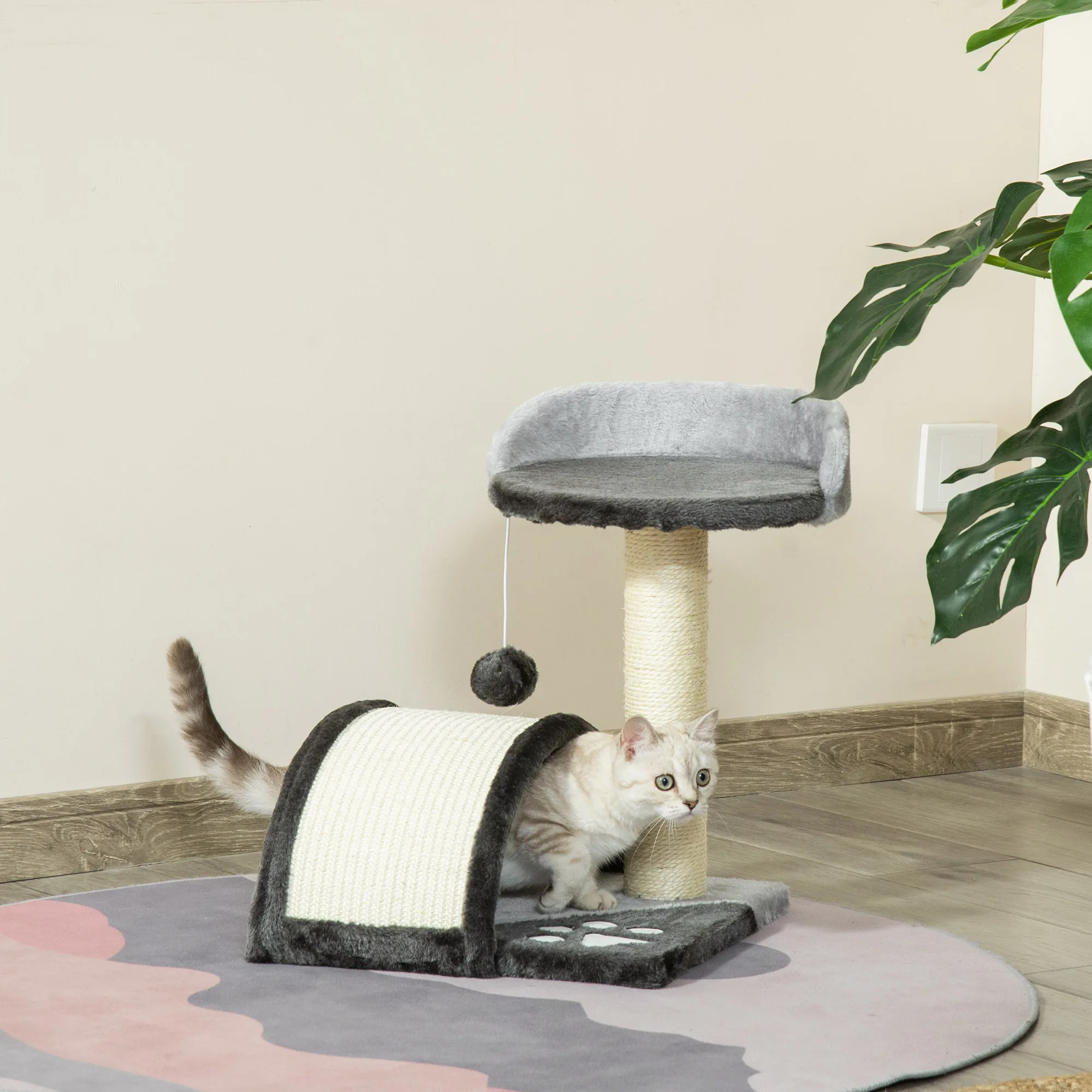 PawHut Árbol Rascador para Gatos 2 Niveles con Poste Tablero para Rascar Beige