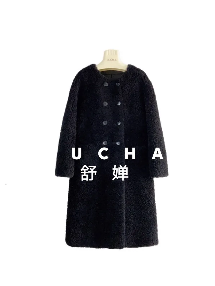 معطف صوف 100% للسيدات جديد دافئ فضفاض للخريف والشتاء جديد من فرو الضأن الفرنسي الخالص برقبة دائرية طويلة متكاملة