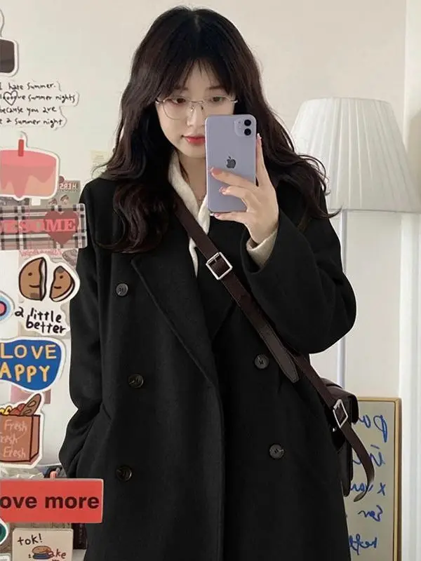 

Korean Sle Thiened Woolen Coat oulder Length Long Sve Women's Outerwear Autumn Winter College Sweet Sle Pure Color