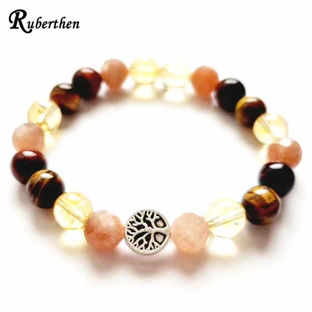 

Ruberthen New 8 MM Cutted Sunstone Tiger Eye Citrine Bracelet Handmade Tree Of Life Charm Gemstone Mix Wrist Yoga Mala