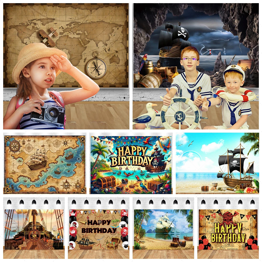 

Pirate Theme Sailing Old Treasure Map Backdrop Boy Kids Birthday Party Photography Studio Background Studio Decor Custom Banner