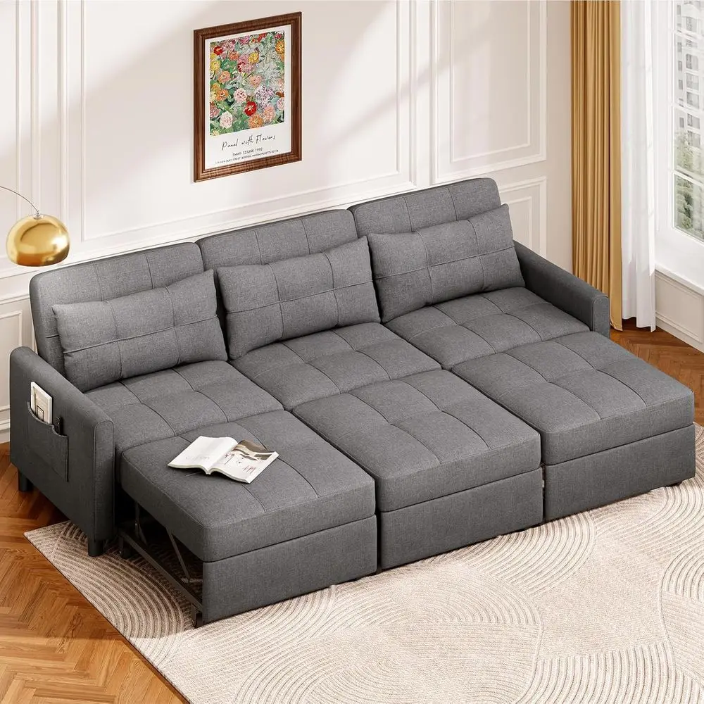 

84 Inch Grey Sectional Sleeper Sofa with Pull-Out Couch, Adjustable Backrest & Ottoman
