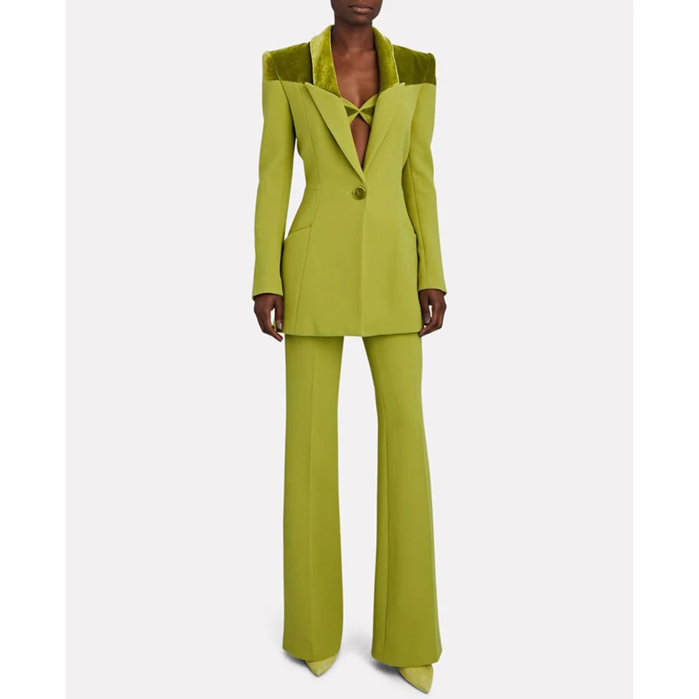 Olive Green Women's Blazer Featuring Velvet Shoulder Panels Single-grain Buckle Peaked Lapel Two Pieces(Jacket+Pants) Modern Set