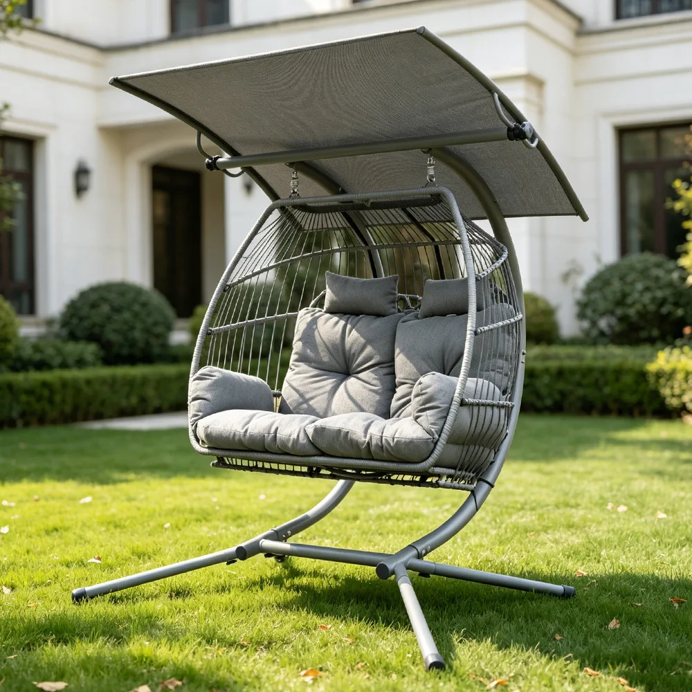 Woven double hanging basket swing with awning outdoor sun protection