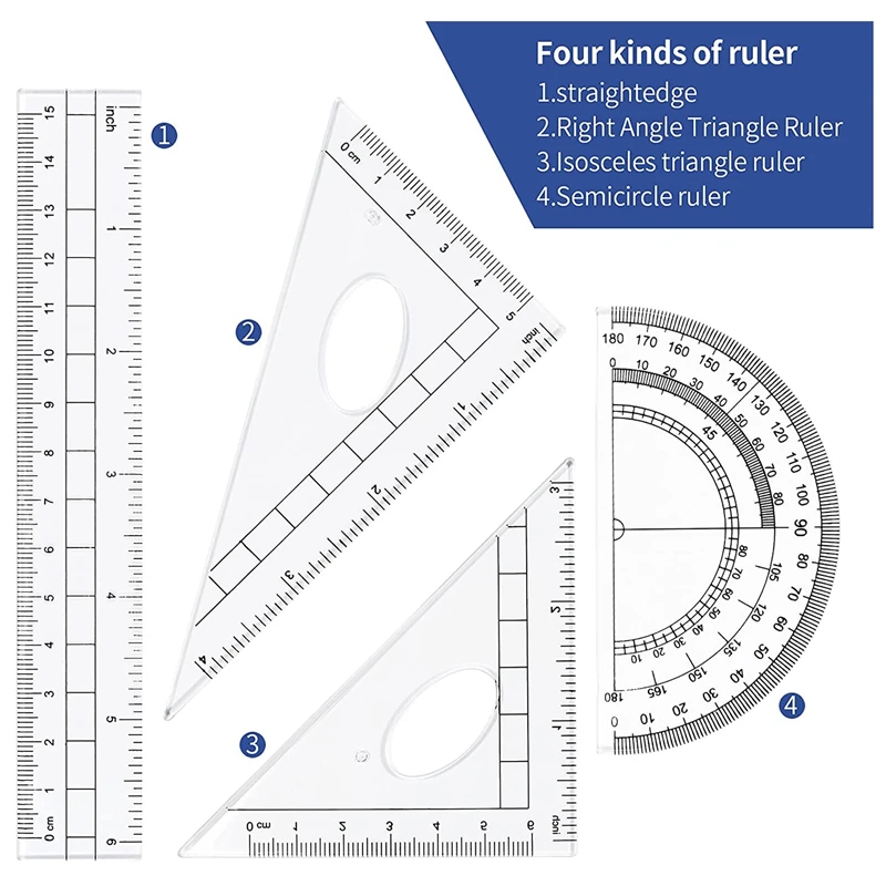 10 Piece Math Geometry Kit Sets Student Supplies For Drafting And Drawings With Shatterproof Storage Box
