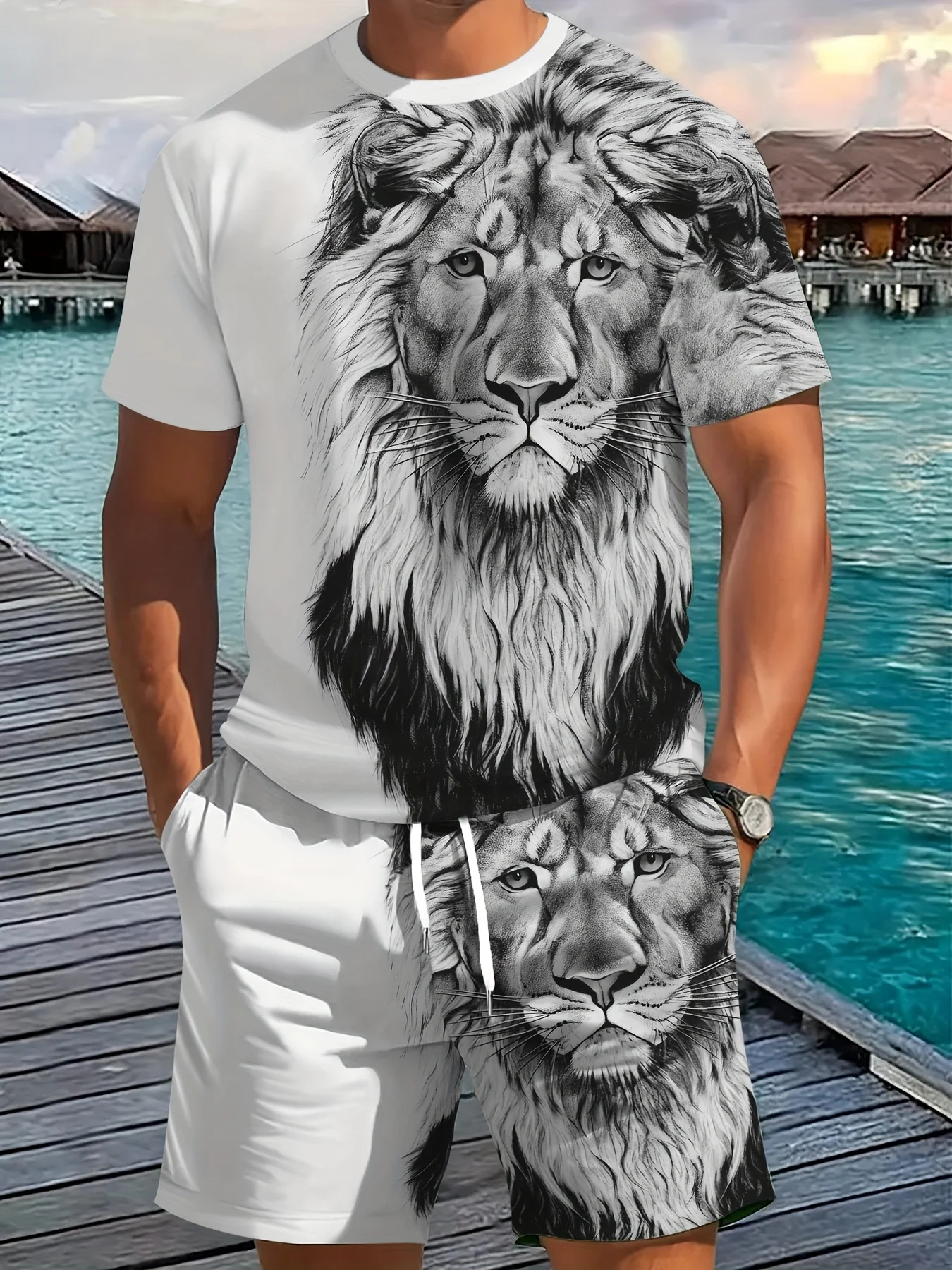 

New Lion Print Men's Set Stylish T-Shirt & Drawstring Shorts Set Summer Men's Street Style Two-Piece Sports & Fitness Wear