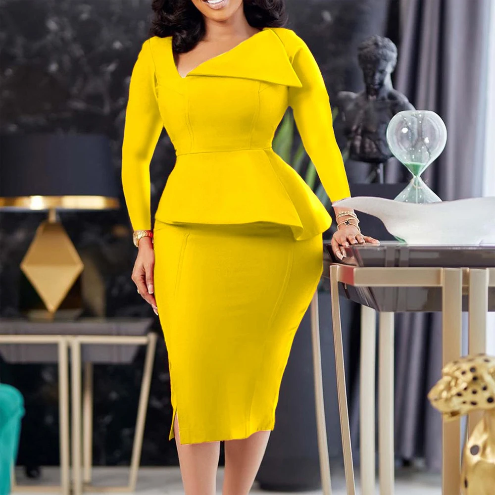 

Elegant Bodycon Dresses for Woman Office Skew Collar Solid Full Sleeve Package Hips Mid Calf Classy Business Work Dress Gowns OL