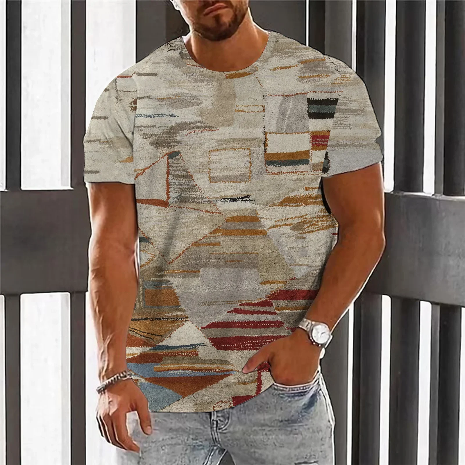 Unique Striped Print Men\'s T-shirt Summer Leisure Comfortable Movement Luxury Brand Short Sleeve Tshirt T-shirts for Men Tops