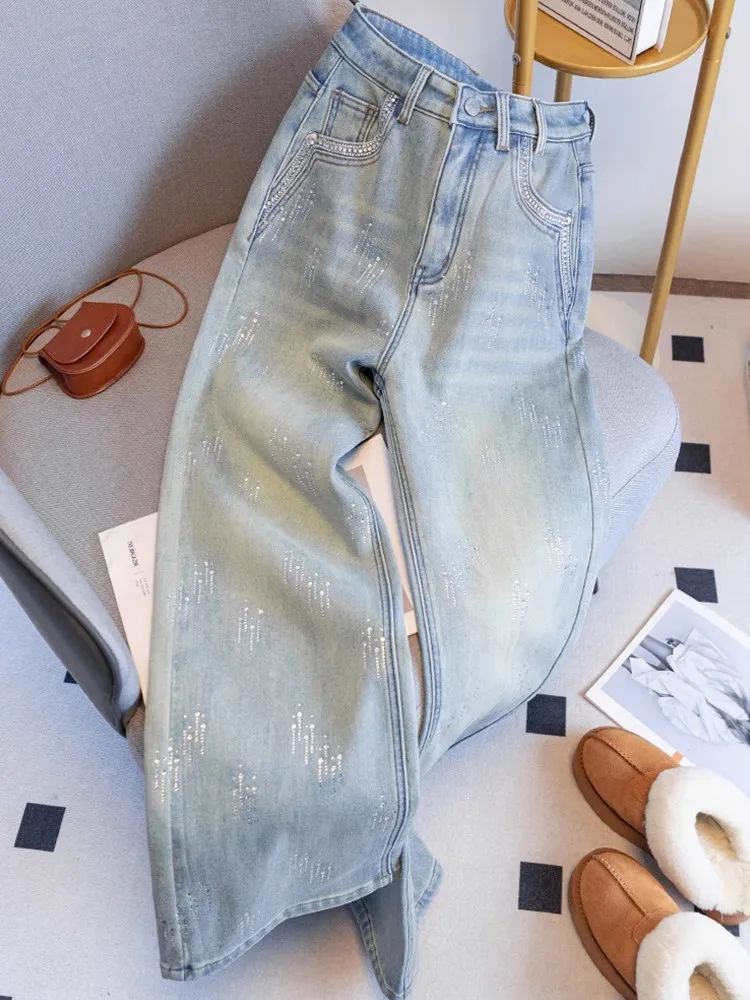 

High Waist Wide Leg Denim Jeans Women's Spring Summer 2025 New Sle Slimming High Heel Rhinestone Straight Leg Pants