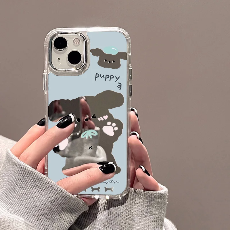 

Cute Puppy Make Up Mirror Phone Case For iPhone 13 Funda Case iPhone 15 16 11 12 14 Pro Max XR Soft Lens Protection Bumper Cover