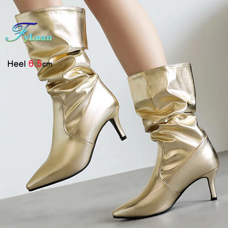 

Autumn Winter Golden Pleated Women's Mid-Calf Boots Pointed Head Ladies Stacked Boots Thin High Heels 6.5cm Slip-On Party Shoes