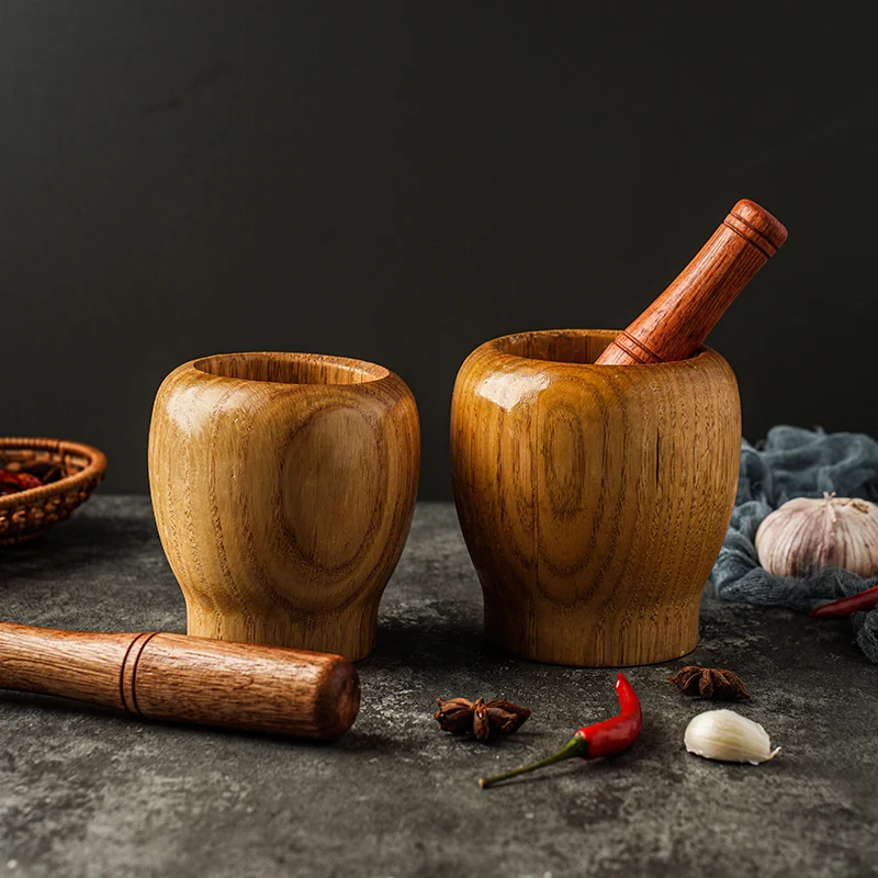 1PCS M Size  Uncovered Natural Bamboo Spice Grinder Bowl Natural Bamboo Mortar And Pestle Set Hand Polished Spice Grinder Garlic Ginger Crusher Herb Coffee Beans Grinding Bowl Kitchen Food Masher Tool Baby Food Prep Tools
