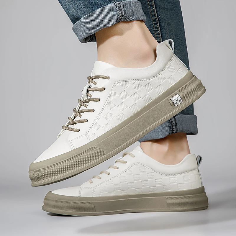 Casual Spring Loafers Shoes Platform Slip on For Men Leather Sneakers New Comfort Flat Walking Skateboarding Boots White