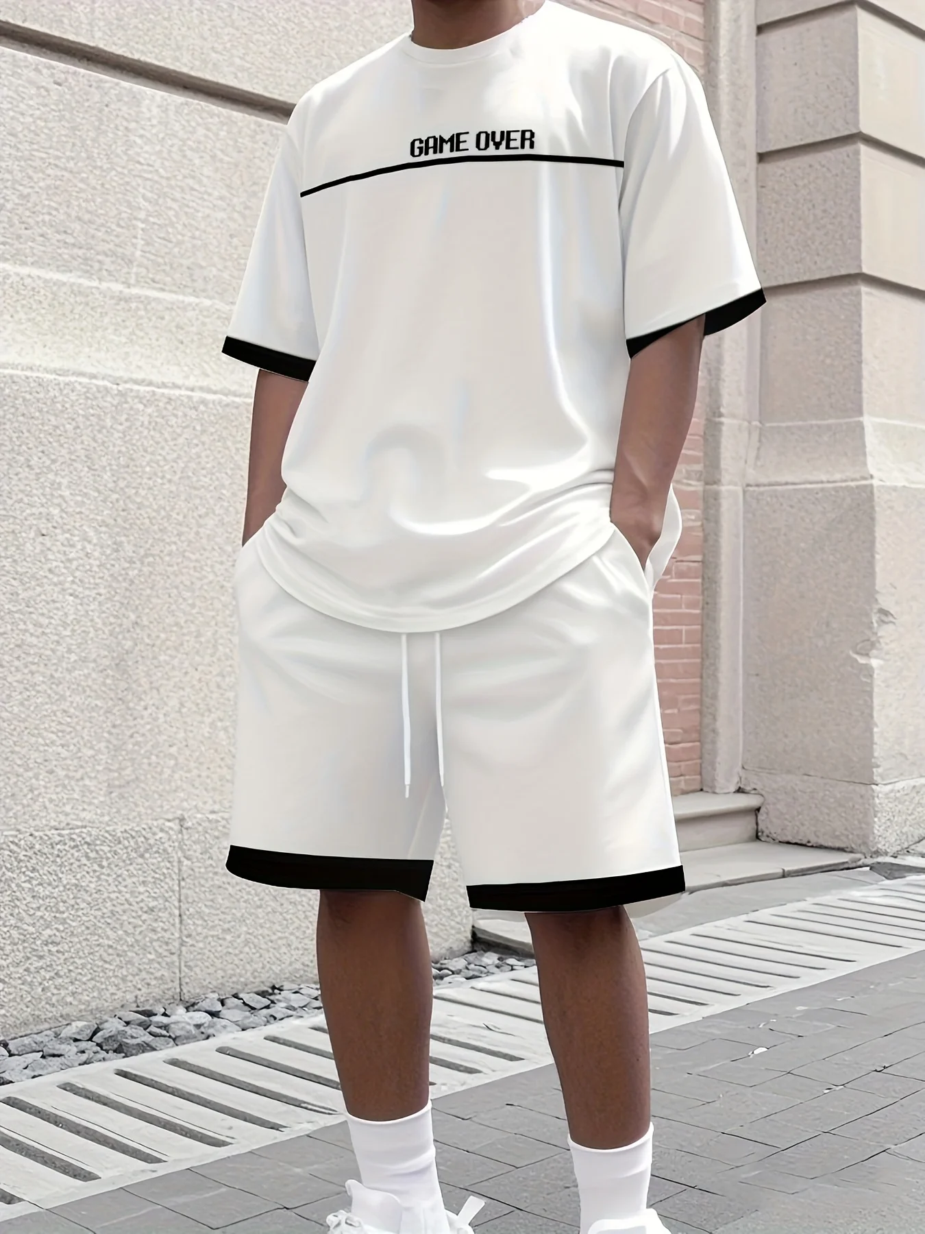 

Men's fashionable breathable round neck sports T-shirt shorts set with striped letter print pattern outdoor casual top