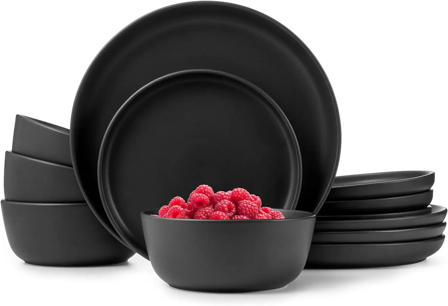 Dinnerware Sets, Plates and Bowls Sets, Dishes, 12-Piece Service for 4, Matte Black