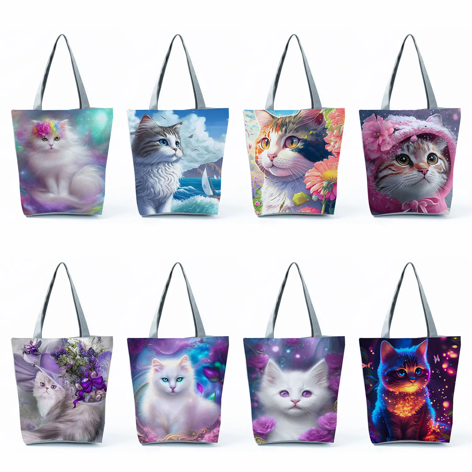 Bolsas de compras reutilizables ecológicas para mujer, bolsos de mano plegables portátiles con estampado de gato y dibujos animados, de gran capacidad