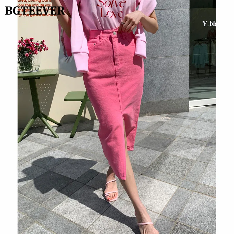 BGTEEVER Casual High Waist Pockets Split Denim Skirts Female Spring Summer Button Fashion Package Hip Women Jeans Skirts